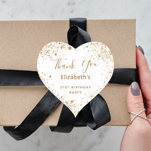 Birthday Party white gold glitter name Thank You Heart Sticker