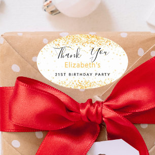 Birthday Party white gold name Thank You Oval Sticker