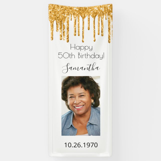Birthday party white gold photo glitter glam banner (Vertical)