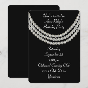 Birthday Party White Pearl Necklace on Black  Invitation
