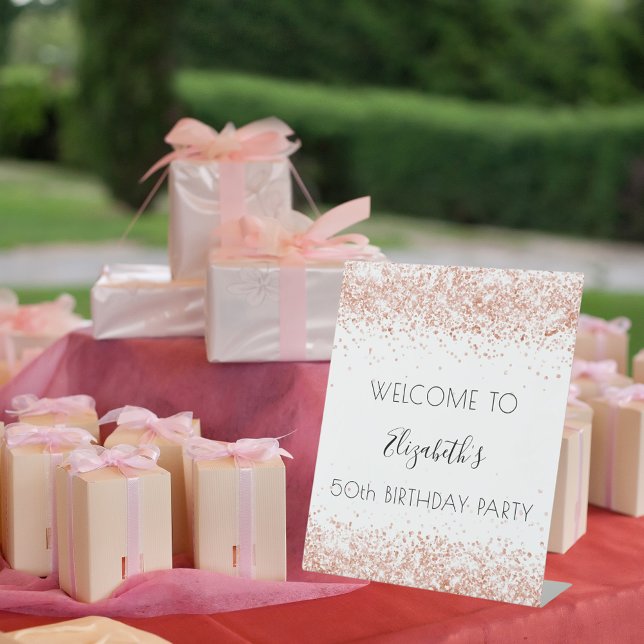 Birthday party white rose gold glitter welcome pedestal sign (Creator Uploaded)