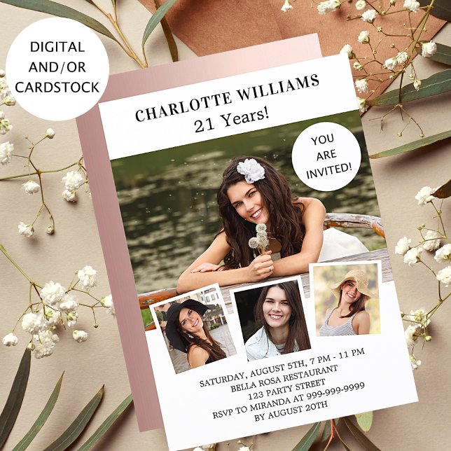 Birthday party white rose gold photo collage invitation (Creator Uploaded)
