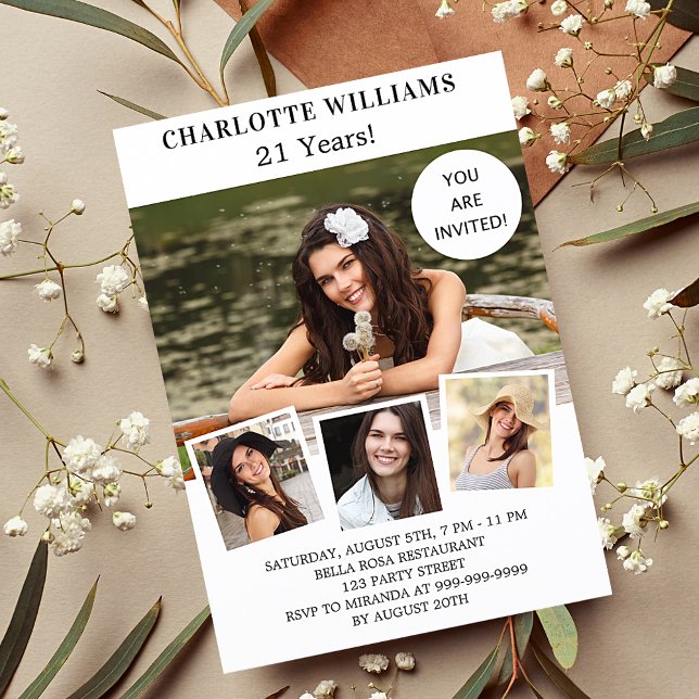 Birthday party white rose gold photo collage invitation postcard (Creator Uploaded)