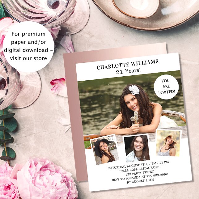 Birthday party white rose photo budget invitation (Creator Uploaded)