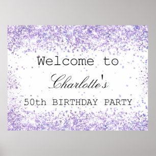 Birthday party white violet lavender glitter name poster
