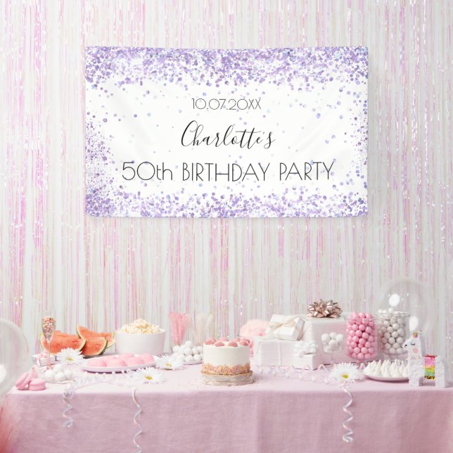 Birthday party white violet lavender name banner (Party)