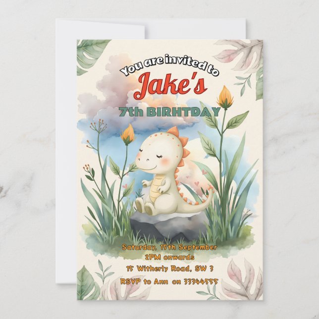 Birthday party with cute dinosaurs invitation (Front)