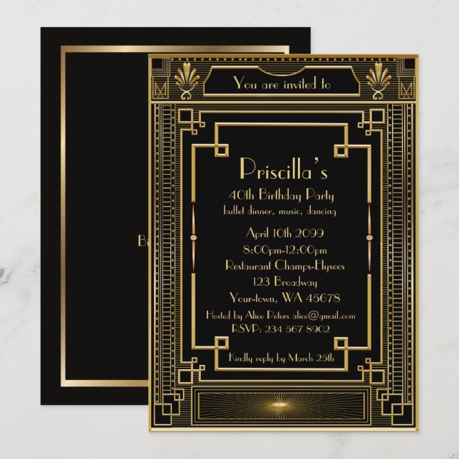 Birthday Party woman, gold Gatsby style, black Invitation (Front/Back)