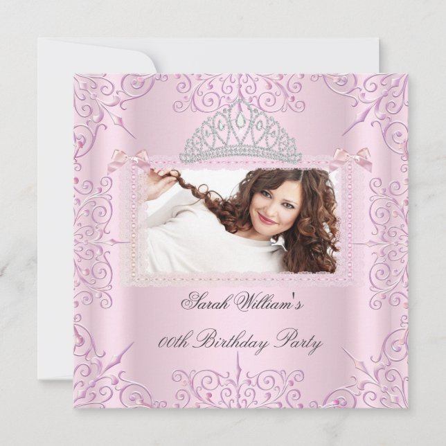 Birthday Party Women's Girls Pink Tiara Photo 2 Invitation (Front)