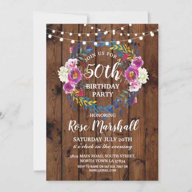 Birthday Party Wood Pink Floral Wreath Invite (Front)