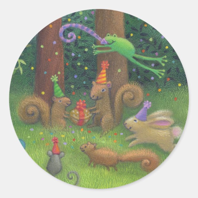 Birthday Party Woodland Animals Classic Round Sticker (Front)