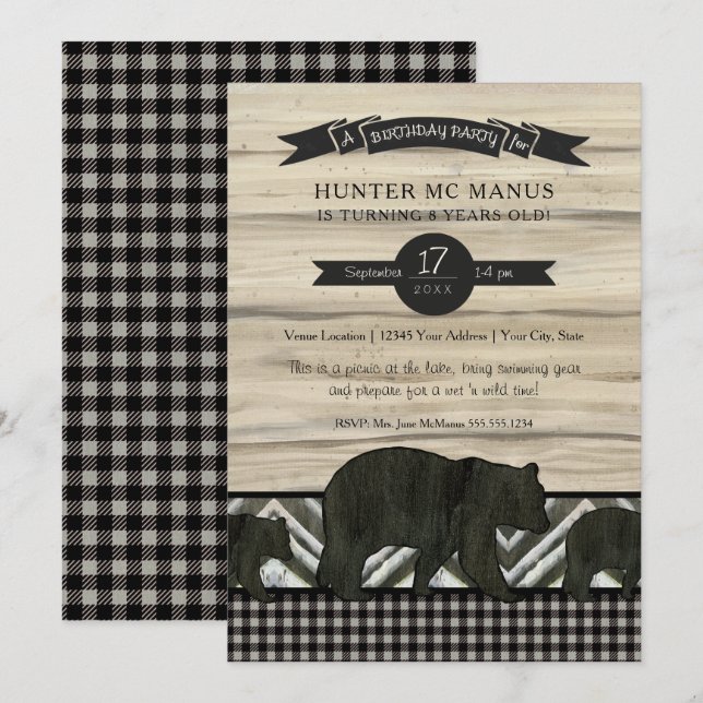 Birthday Party Woodland Forest Bear Rustic Plaid Invitation (Front/Back)