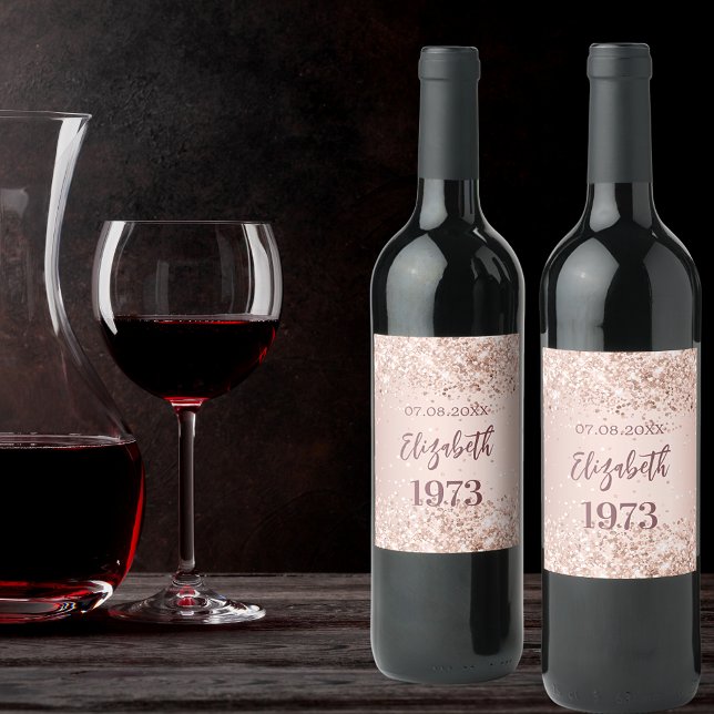 Birthday party year rose gold confetti wine label (Creator Uploaded)