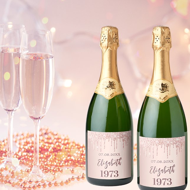 Birthday party year rose gold glitter drips sparkling wine label (Creator Uploaded)