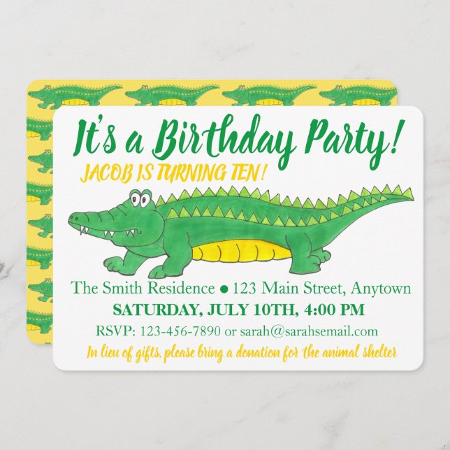 Birthday Party Yellow Green Alligator Crocodile Invitation (Front/Back)