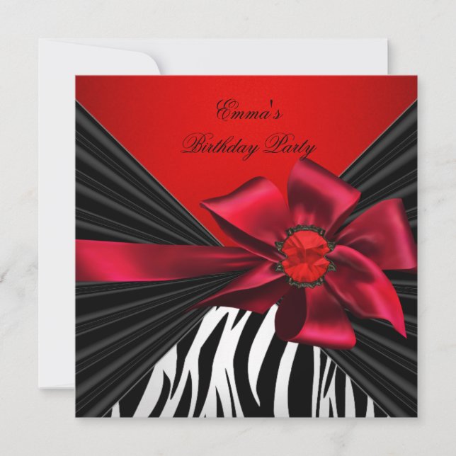 Birthday Party Zebra Elegant Red Black Bow Invitation (Front)