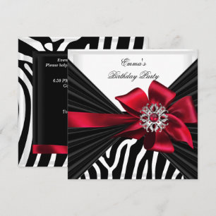 Birthday Party Zebra Elegant Red Black White Invitation