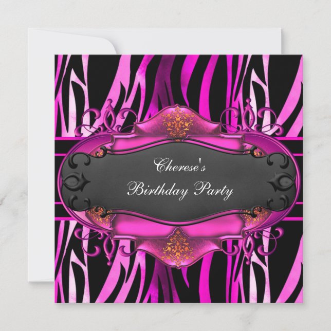 Birthday Party Zebra Hot Pink Animal Prints Black Invitation (Front)