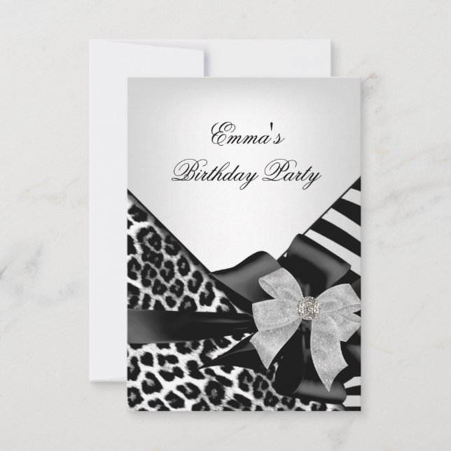 Birthday Party Zebra Leopard Elegant Black white Invitation (Front)