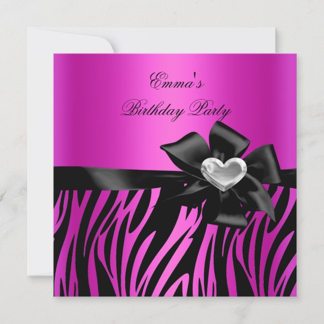 Birthday Party Zebra Silver Hot Pink Black Invitation (Front)