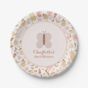 Birthday Pastel Pink Wildflowers with Butterfly  Paper Plate