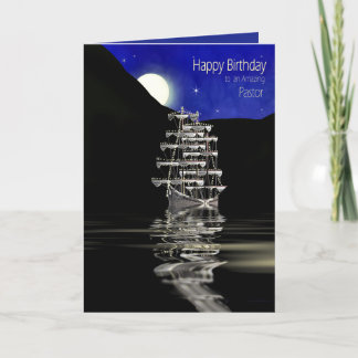 Birthday, Pastor, Ship with Sails, Night Card