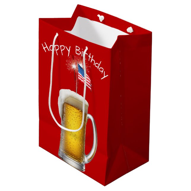 Birthday Patriotic Beer with Sparklers Medium Gift Bag (Front Angled)