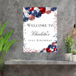 Birthday patriotic red white blue balloons welcome poster