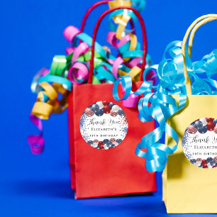 Birthday patriotic red white blue flag thank you classic round sticker