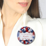 Birthday patriotic USA red white blue flag 3 Cm Round Badge<br><div class="desc">A sticker for a 18th (or any age)  birthday party. White background. Decorated with patriotic coloured  balloons in red blue and white. Blue and red sparkles. Personalise and add a date,  name and age.</div>