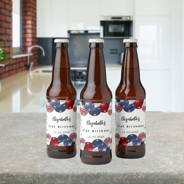 Birthday patriotic USA red white blue flag Beer Bottle Label (Creator Uploaded)