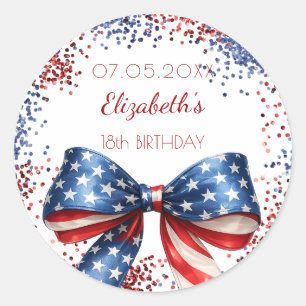 Birthday patriotic USA red white blue flag bow Classic Round Sticker