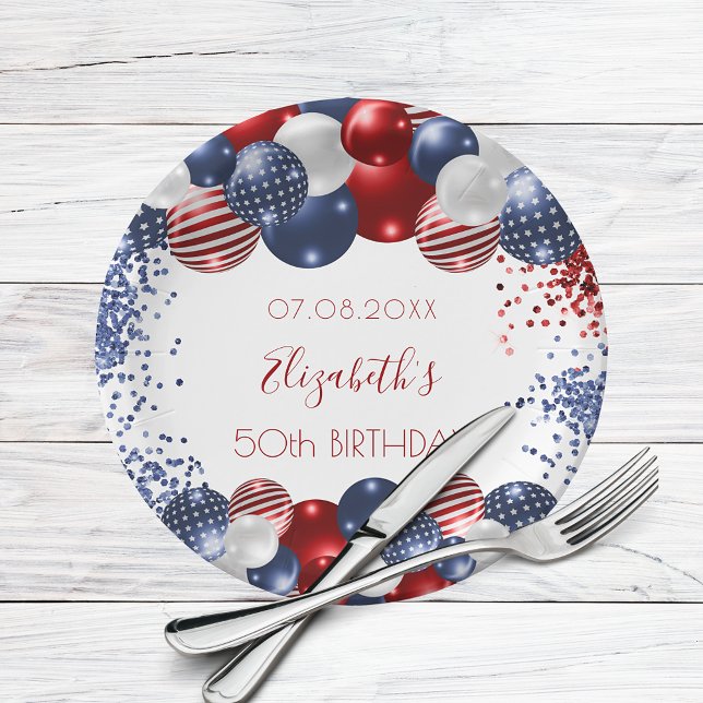 Birthday patriotic USA red white blue flag Paper Plate (Creator Uploaded)