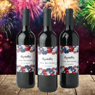 Birthday patriotic USA red white blue flag Wine Label