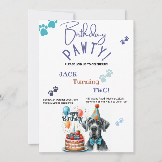 Birthday Pawty Great Dane Dog Birthday Invitation (Front)