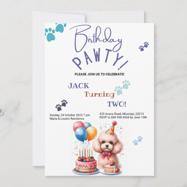 Birthday Pawty Poodle Dog Personalised Birthday Invitation (Front)