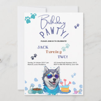 Birthday Pawty Siberian Husky Dog Birthday Invitation