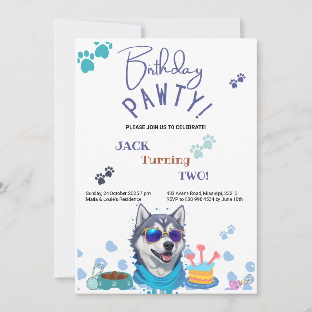 Birthday Pawty Siberian Husky Dog Birthday Invitation (Front)