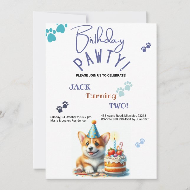 Birthday Pawty Welsh Corgi Dog Customised Birthday Invitation (Front)