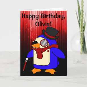 Birthday Penguin Black and Red Customisable Card