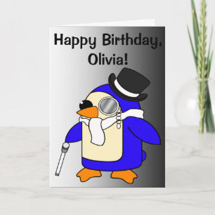 Birthday Penguin Black and White Customisable Card
