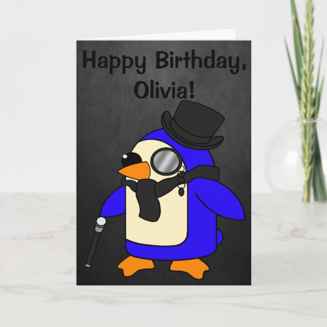 Birthday Penguin Black Stone Customizable Card (Front)