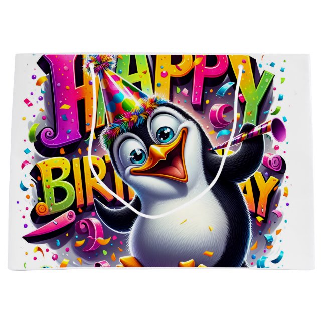 Birthday Penguin by Natasha Us  Large Gift Bag (Front)