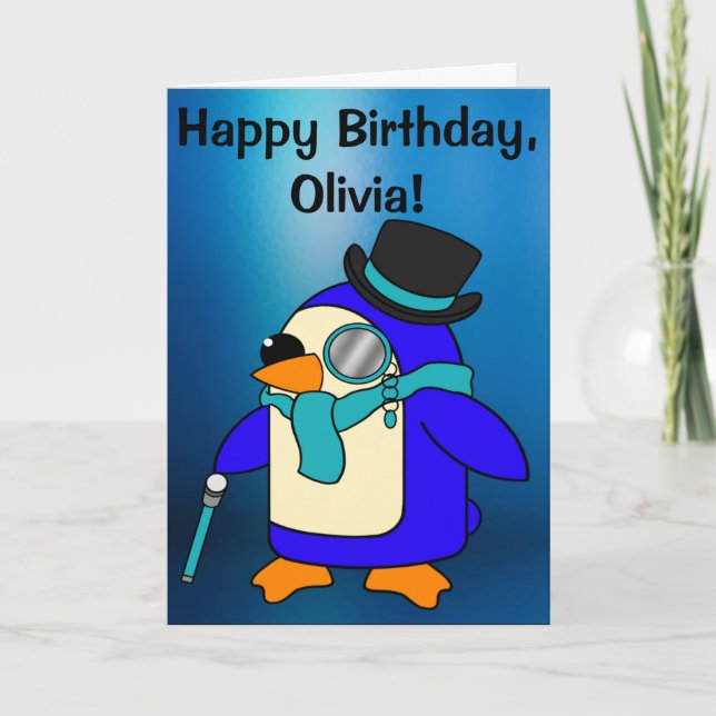 Birthday Penguin Frosty Blue Customizable Card (Front)