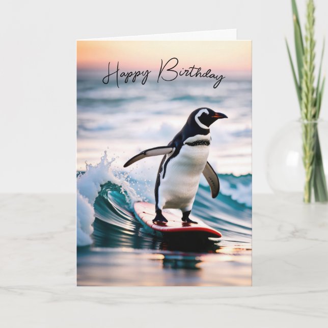Birthday Penguin On a Surfboard Card (Front)