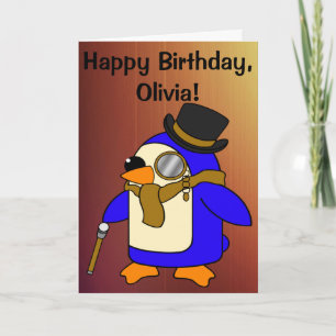 Birthday Penguin Tanned Leather Brown Customisable Card