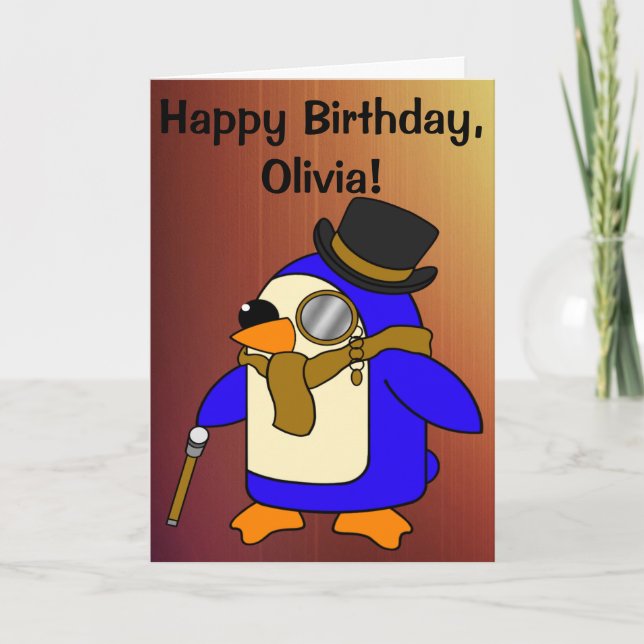 Birthday Penguin Tanned Leather Brown Customizable Card (Front)