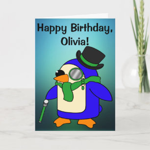 Birthday Penguin Teal Emerald Green Customisable Card