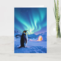 Birthday Penguin Under Northern Lights
