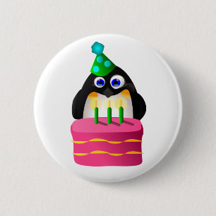 Birthday Penguin With Cake 6 Cm Round Badge